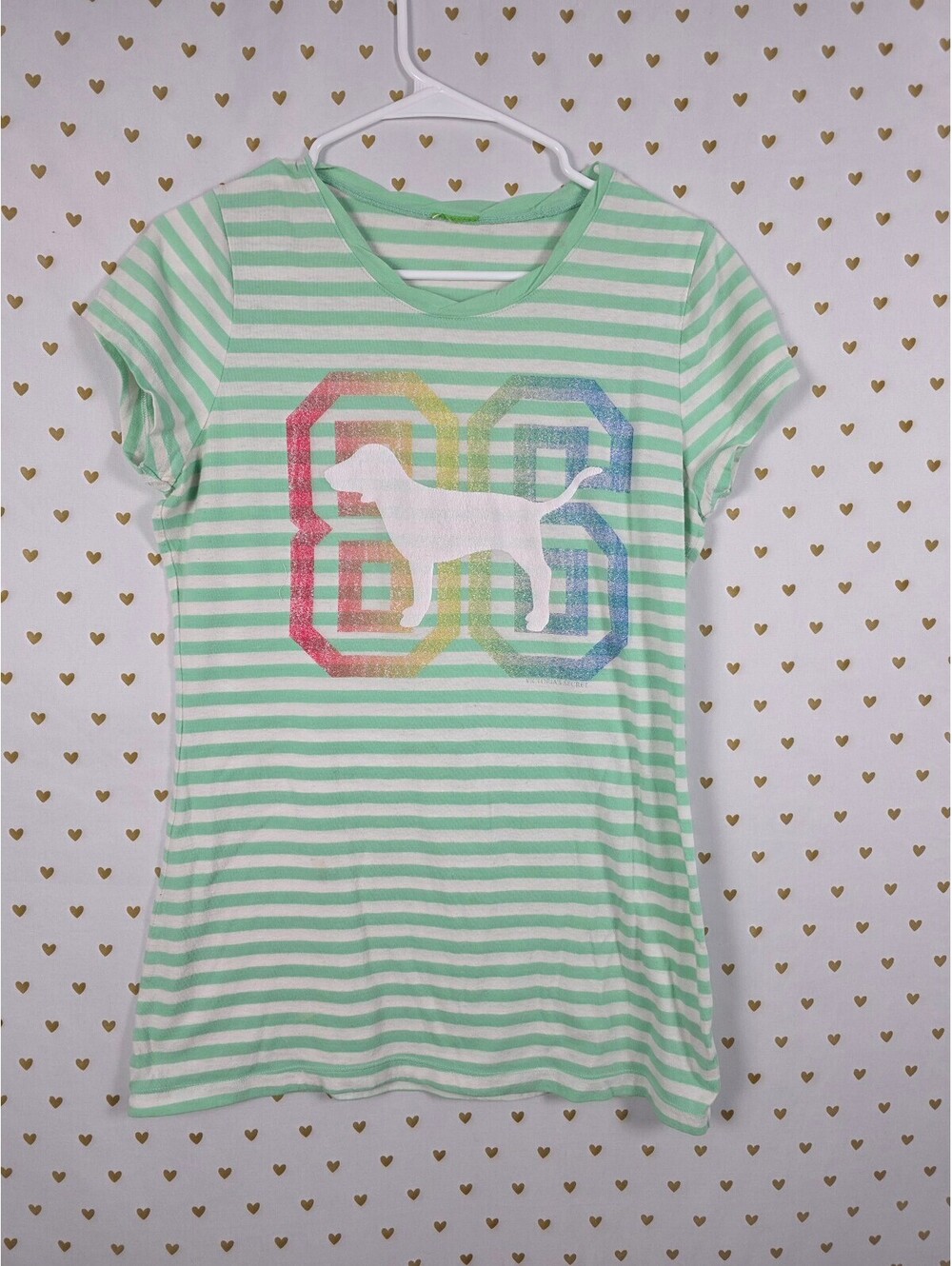 Victoria's Secret PINK 86 Dog Tee Large Mint Striped Rainbow Graphic Vintage